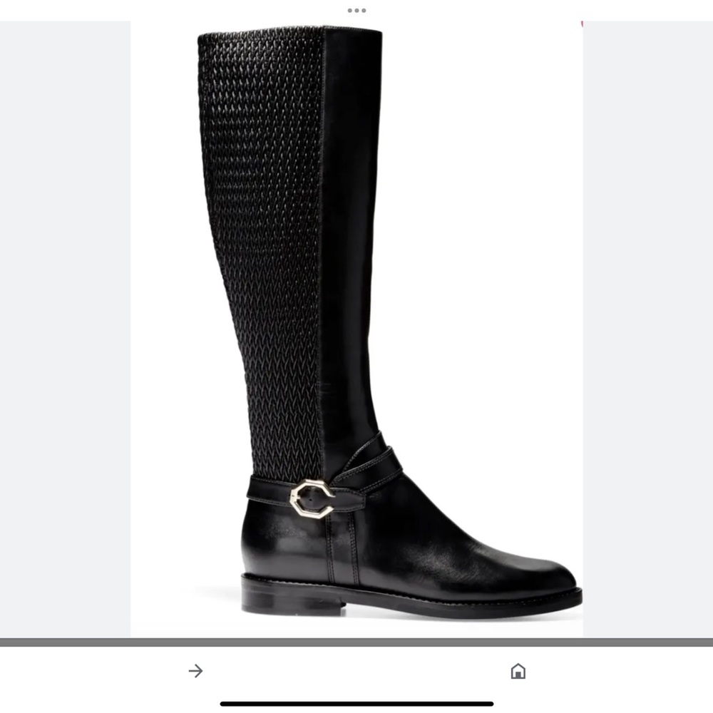 Cole Haan 11671 Leela Grand Black Leather Woven Stretch Riding Boots Sz 6